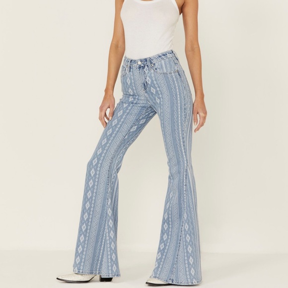 Shyanne Denim - Shyanne High Rise Super Flare Southwestern Laser Print Denim Jeans NWT